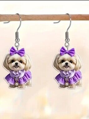 Hand Crafted Purple Puppy Dog Earrings